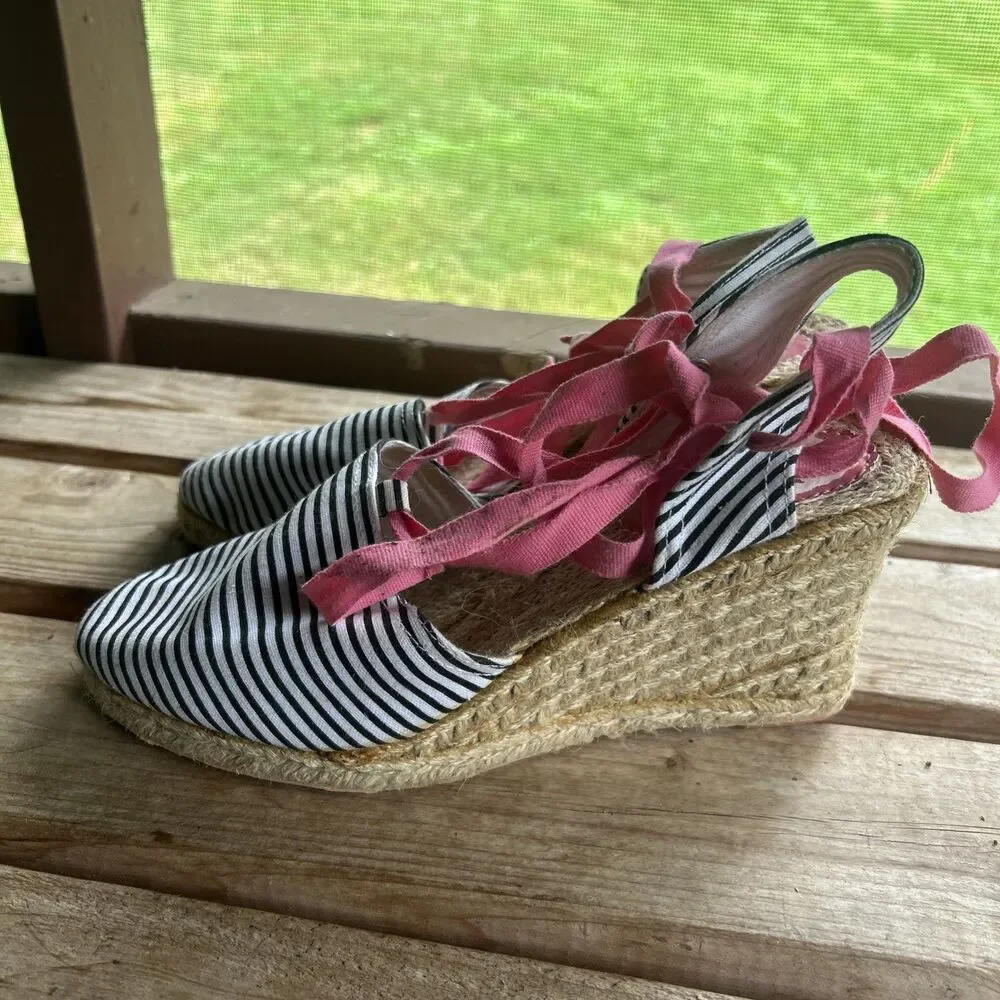 Gap Womens Espidrille Sandals Size 8 Stripe Lace Up Black And Pink
